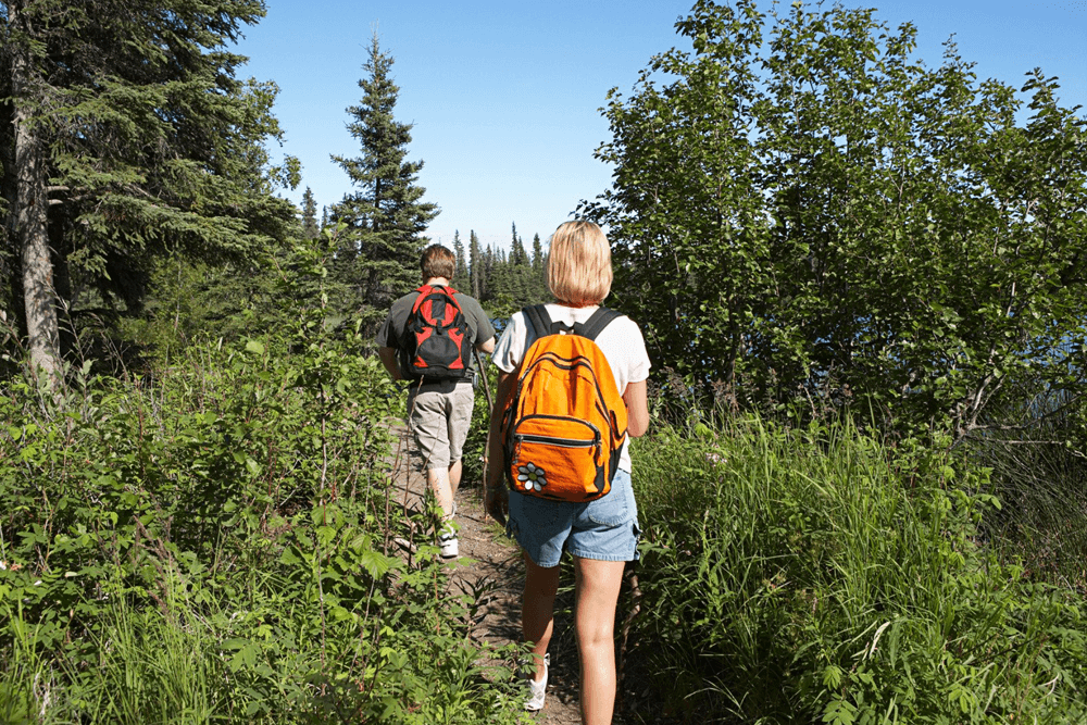 Two hikers with backpacks walk along a trail through lush greenery.