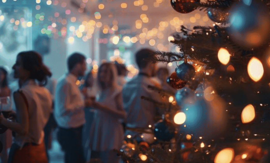 people gathered for a holiday part, with a Christmas tree visible in foreground people gathered for a holiday part, with a Christmas tree visible in foreground