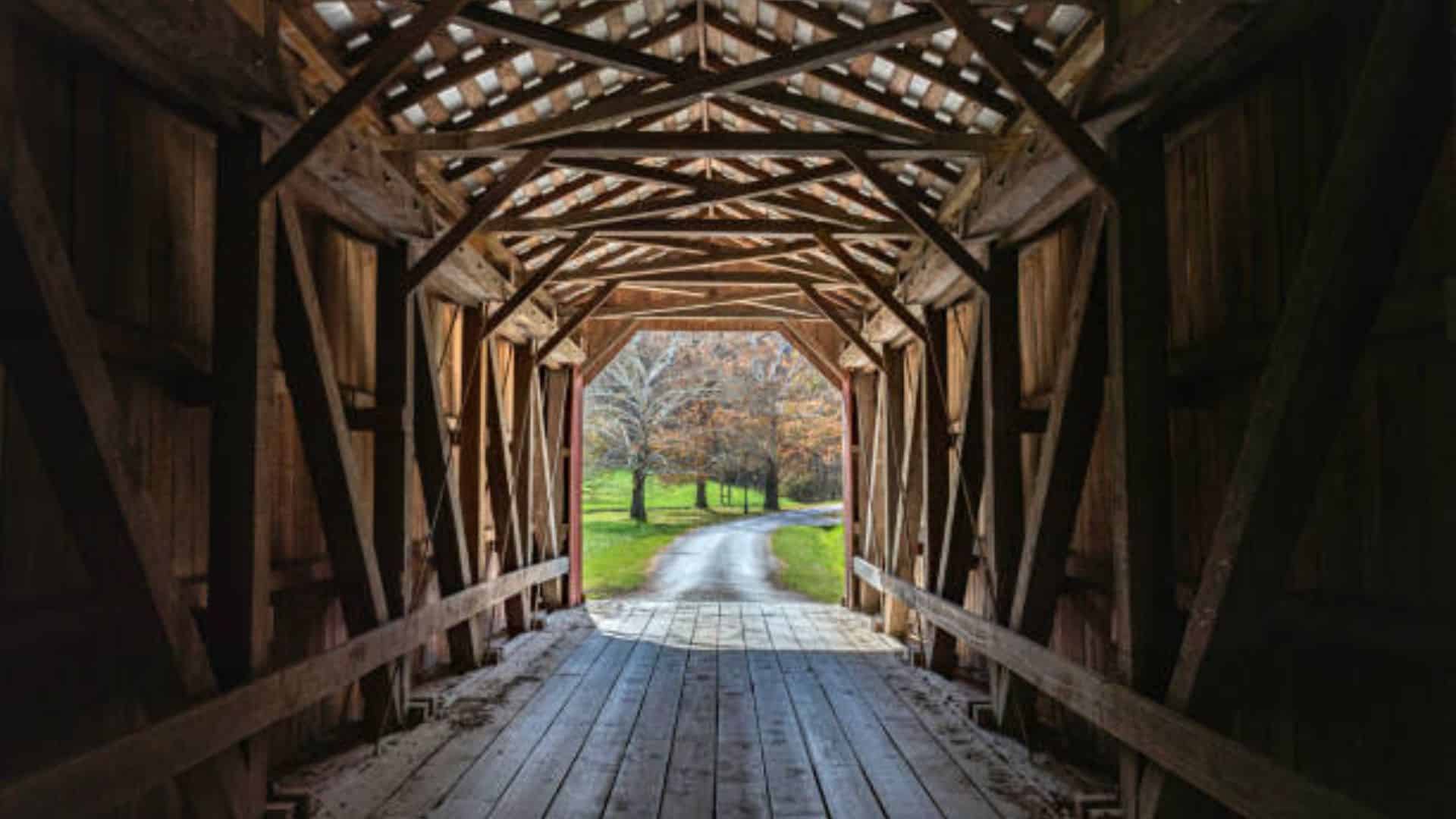 A covered bridge looking through to a tree lined road