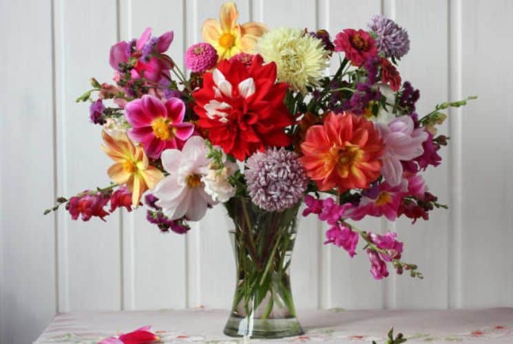 A large bouquet of brightly colored flowers in a glass vase by a white wall