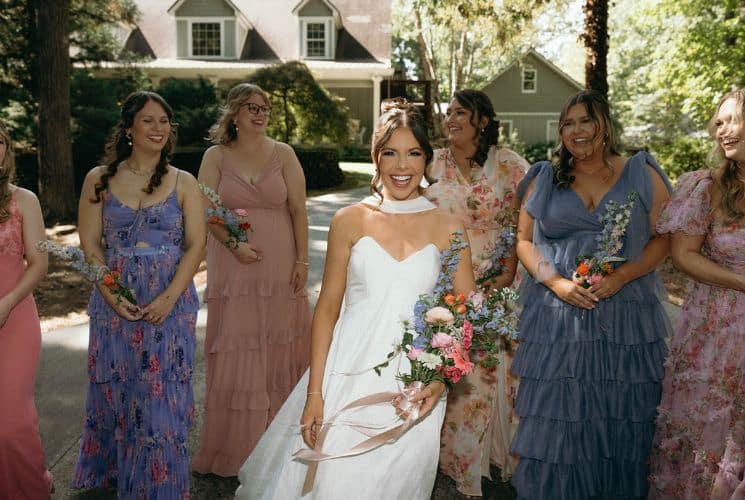 Woman in white dress holding a bouquet of flowers with multiple women behind her in multicolored dresses